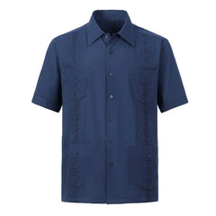 2025 New Summer Men's Guayabera Shirts Four Pockets Embroidered Short Sleeve Shirts for Men Blue Mexican Cuban Button Shirt