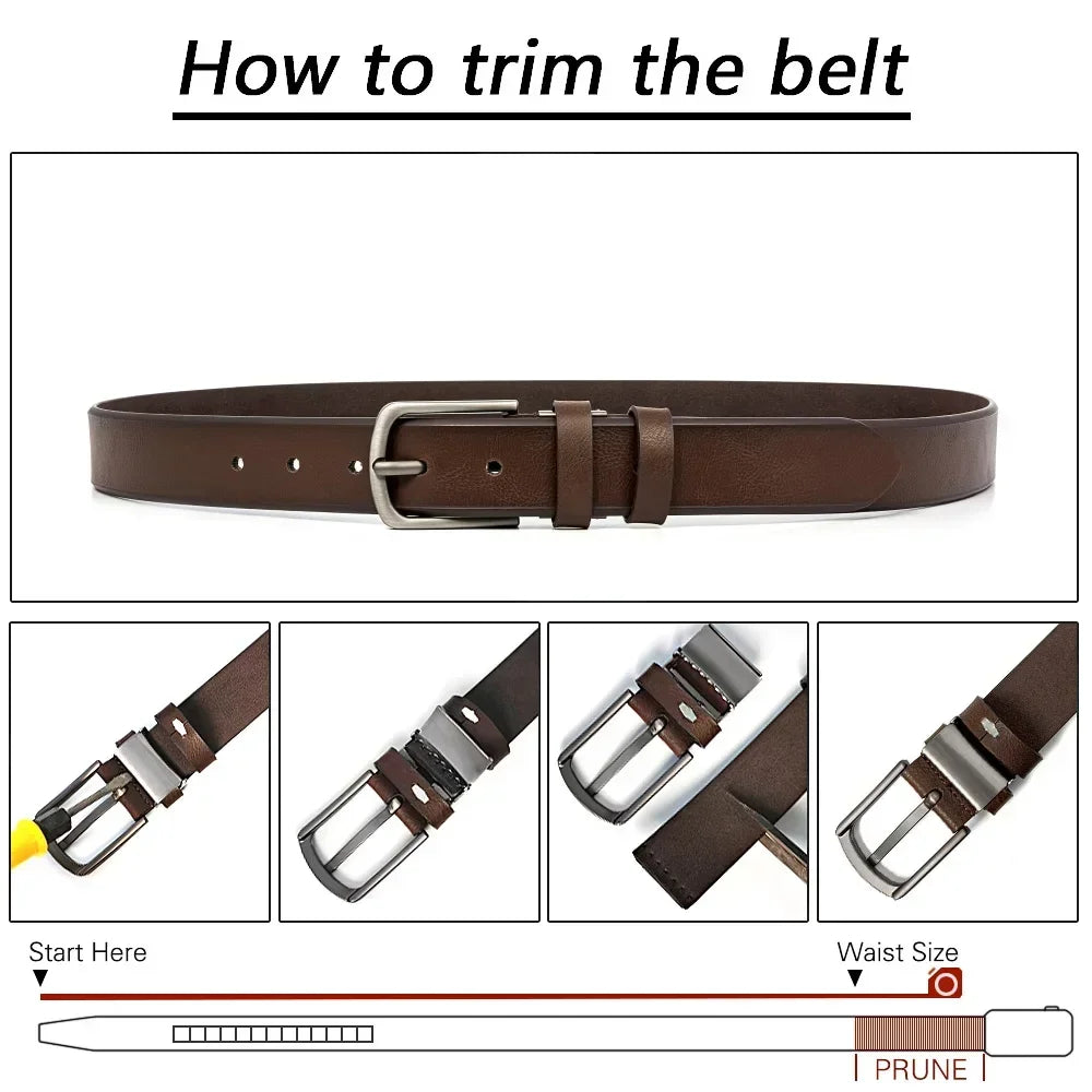 Vintage Showlu men's cowhide leather belt with classic metal pin buckle, showing the textured leather strap and buckle detail.