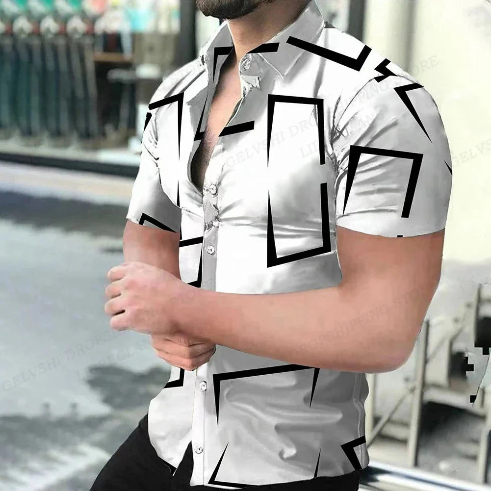 Men's Showlu geometric 3D print Hawaiian shirt with short sleeves and vibrant tropical design, perfect for casual summer wear.