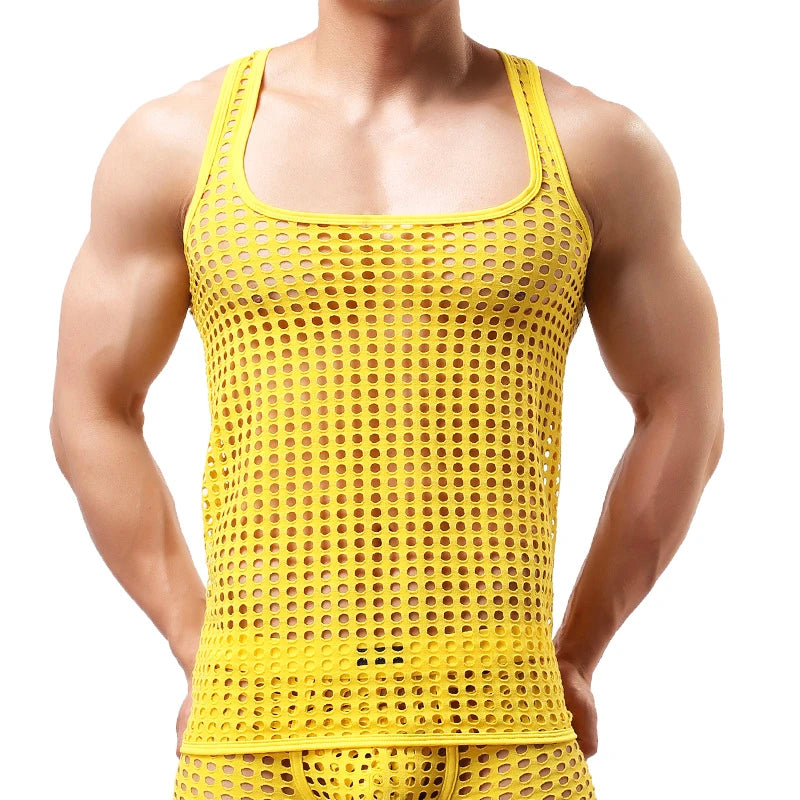 Sexy Men Sleeveless Mesh Sheer Tank Vest Tops  Gym Training Tank Vest Fish Net Hollow Out See Through Tank