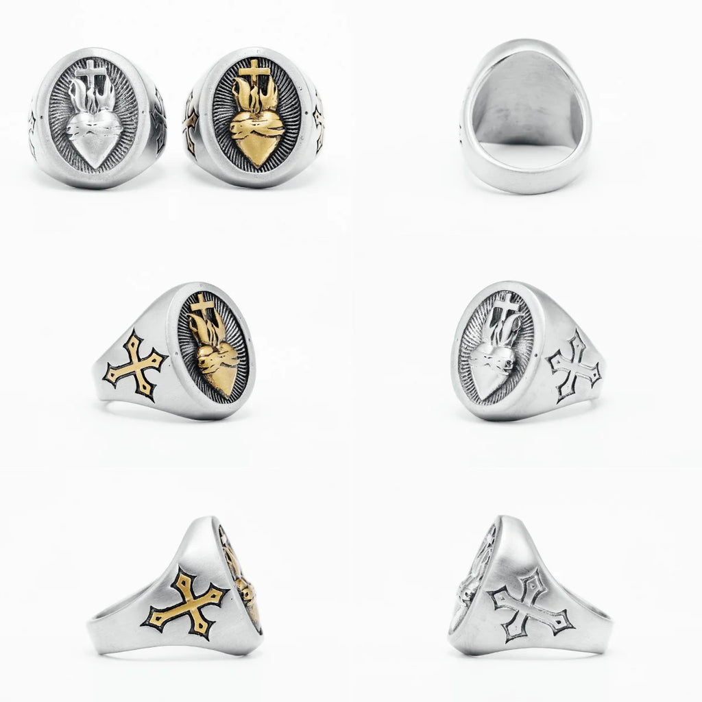 Metal Town Heart of God Cross Ring by Showlu Fashion, 316L stainless steel biker amulet with detailed heart and cross design.