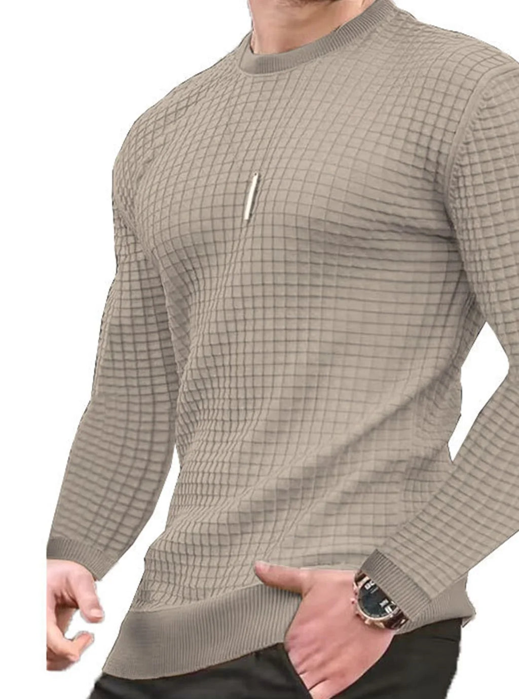 Men's fashion check hoodie with waffle fabric, round neck, and jacquard check pattern, from Showlu Fashion Store.