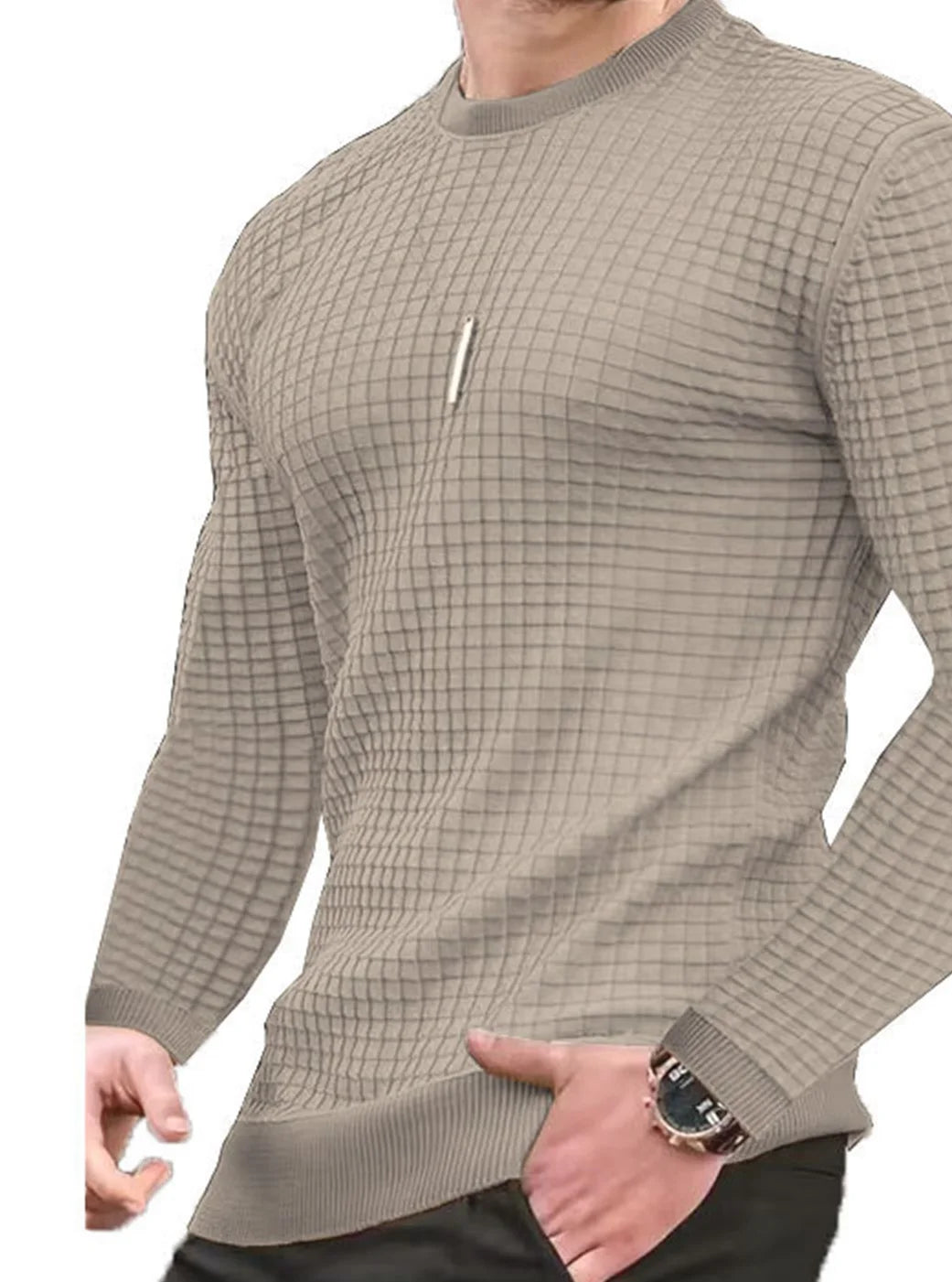 Men's fashion check hoodie with waffle fabric, round neck, and jacquard check pattern, from Showlu Fashion Store.