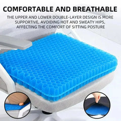 A blue honeycomb-patterned gel seat cushion sits on an office chair.