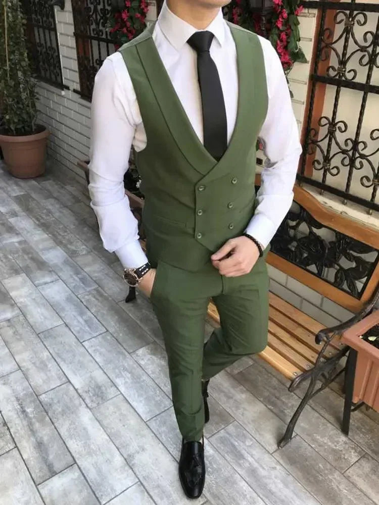 Olive green men's 3-piece slim fit suit with notch lapel tuxedo style, featuring jacket, vest, and trousers from SOLOVEDRESS by SHOWLU FASHION