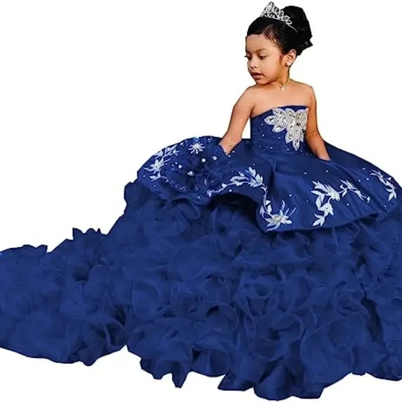 Elegant Flower Girl Dresses for Wedding Off Shoulders Appliques Layered Tail Kids Birthday First Communion Gowns Custom