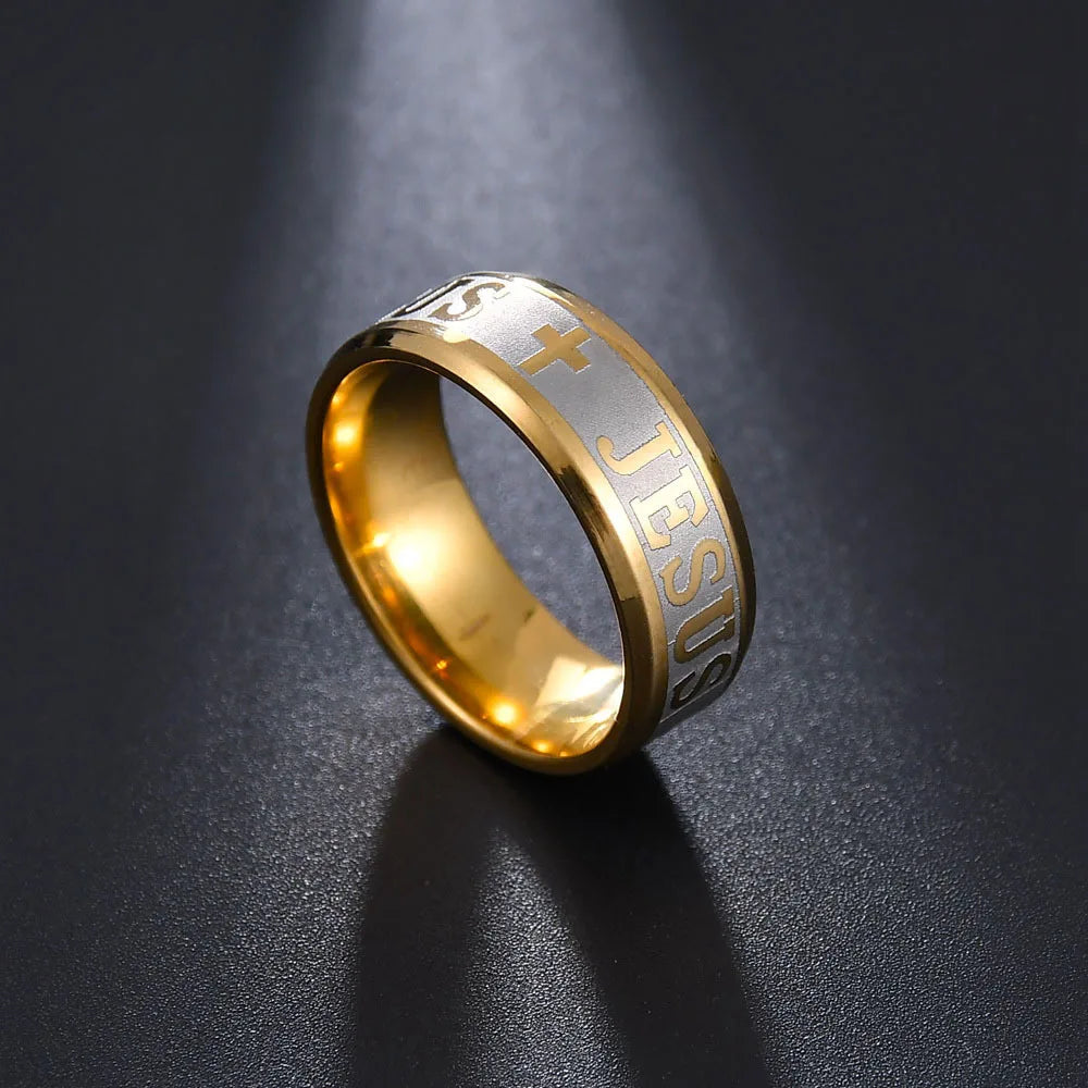 Stainless steel 8mm Jesus cross ring with Christian religious design, featuring a polished band and detailed crucifix engraving.
