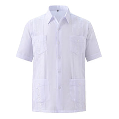 2025 New Summer Men's Guayabera Shirts Four Pockets Embroidered Short Sleeve Shirts for Men Blue Mexican Cuban Button Shirt