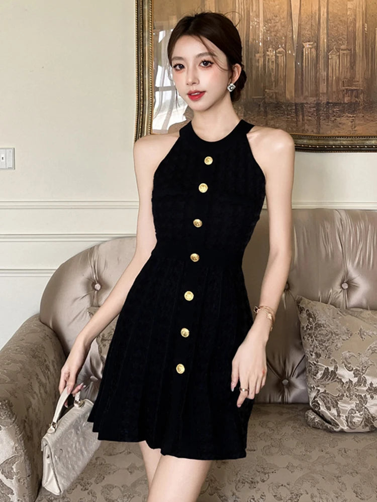 Women’s retro houndstooth knit mini dress with gold buttons, halter neckline, slim A-line fit, perfect for summer parties or casual wear.