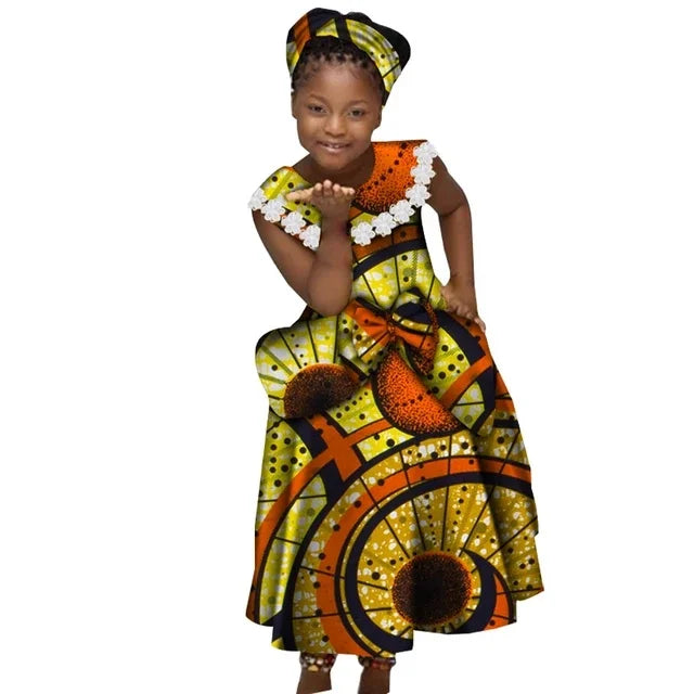 GuyaWax Girls African print mermaid dress made of cotton Bazin Riche Dashiki, vibrant colorful traditional African clothing for girls