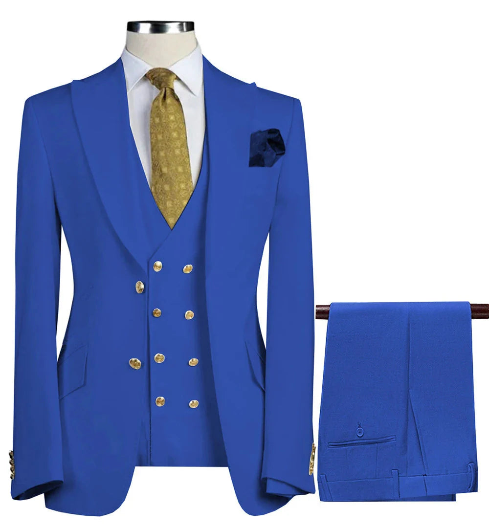 Men's 3-piece slim fit wool blend tuxedo suit by SHOWLU FASHION STORE, featuring jacket, vest, and trousers in a stylish business look.