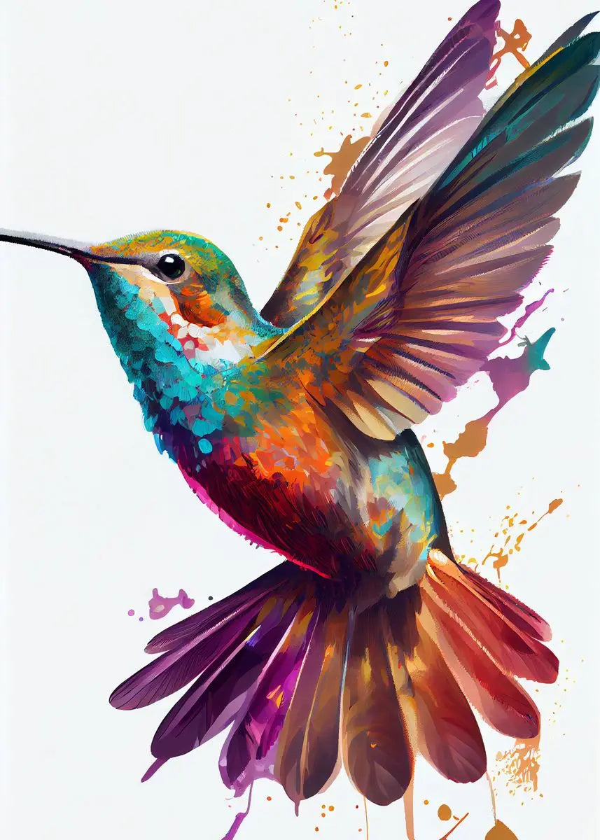 Colorful watercolor hummingbird and flower wall art canvas painting, vibrant bird and floral design for living room decor