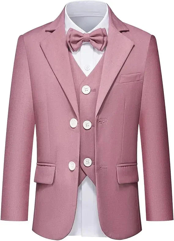 Pink boys' formal suit by LUOBOBEIBEICN featuring a jacket, vest, pants, and bowtie, perfect for special occasions.