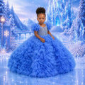 Customized Blue Princess Flower Girl Dresses Prom Ball Gowns Puffy Tulle Kids Wedding Birthday Party Dresses