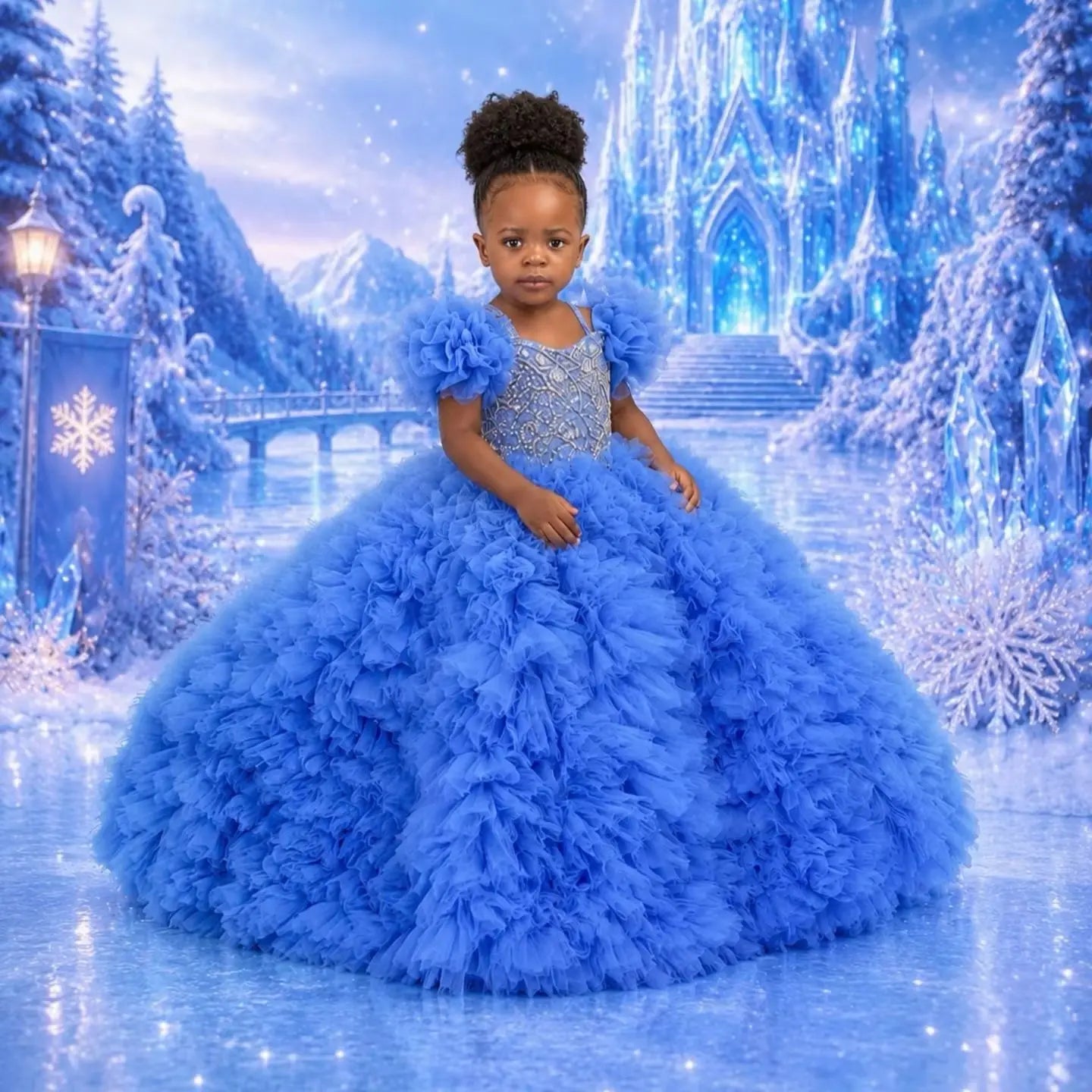 Customized Blue Princess Flower Girl Dresses Prom Ball Gowns Puffy Tulle Kids Wedding Birthday Party Dresses