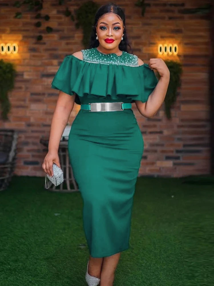 African-inspired 2025 spring party evening dress by Showlu Fashion, short sleeve bodycon gown with ruffle details for women.