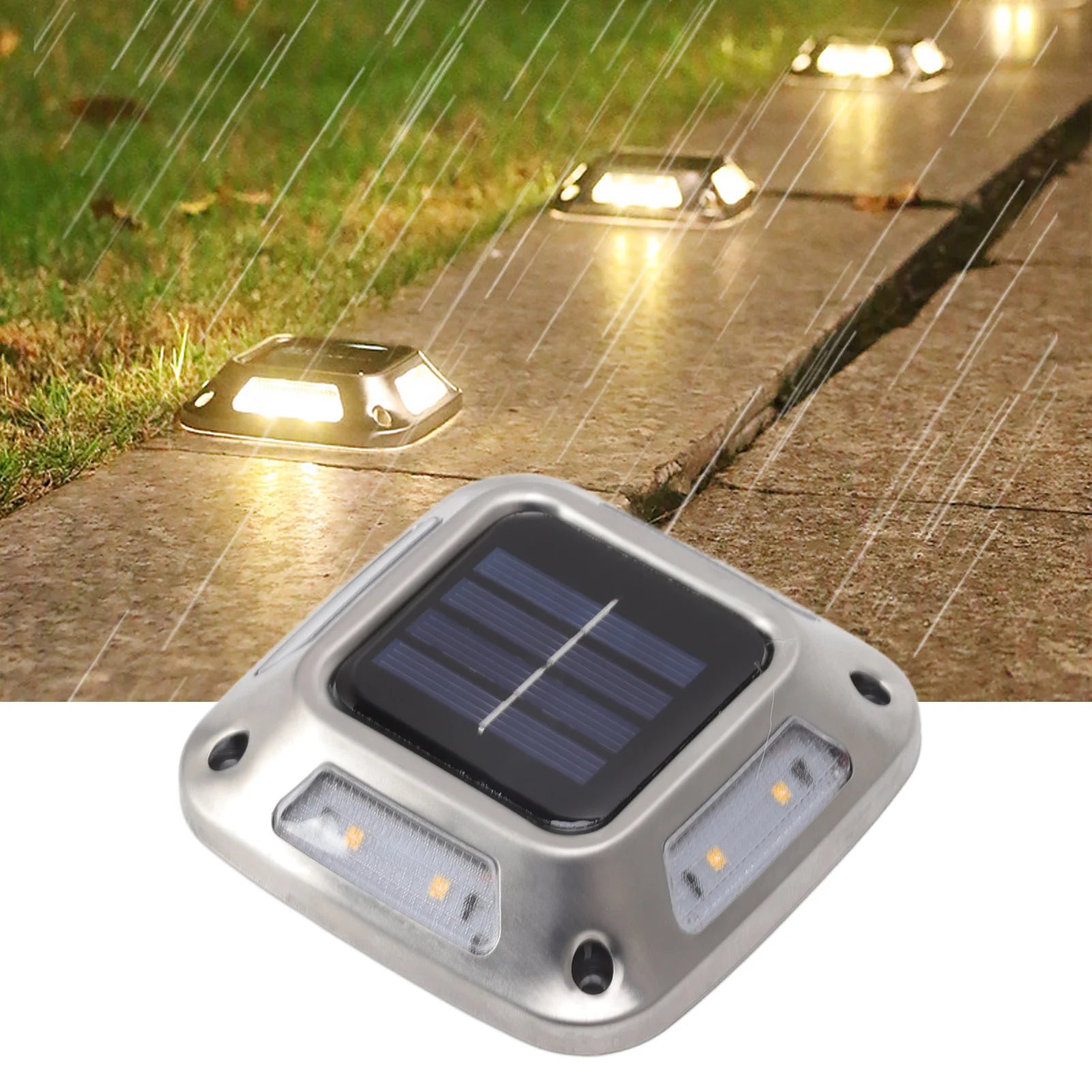Showlu Smart General 8 LED Solar Ground Light, waterproof IP65 warm garden lamp illuminating outdoor pathway or landscape features.