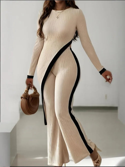 Asymmetric top and pants two-piece set for women, long sleeve patchwork design, slim fit, casual autumn winter outfit.