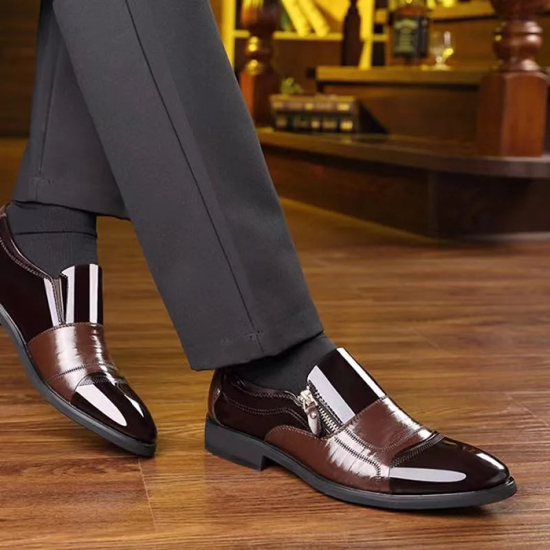 Men's black leather dress shoes with pointed toe, waterproof business flats from Showlu Fashion Store.