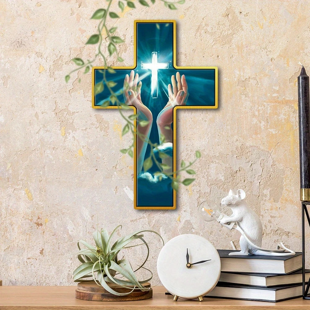 Rustic green wooden crucifix wall hanging cross by Showlu, 12 inches, farmhouse style, ideal for religious or home decor.