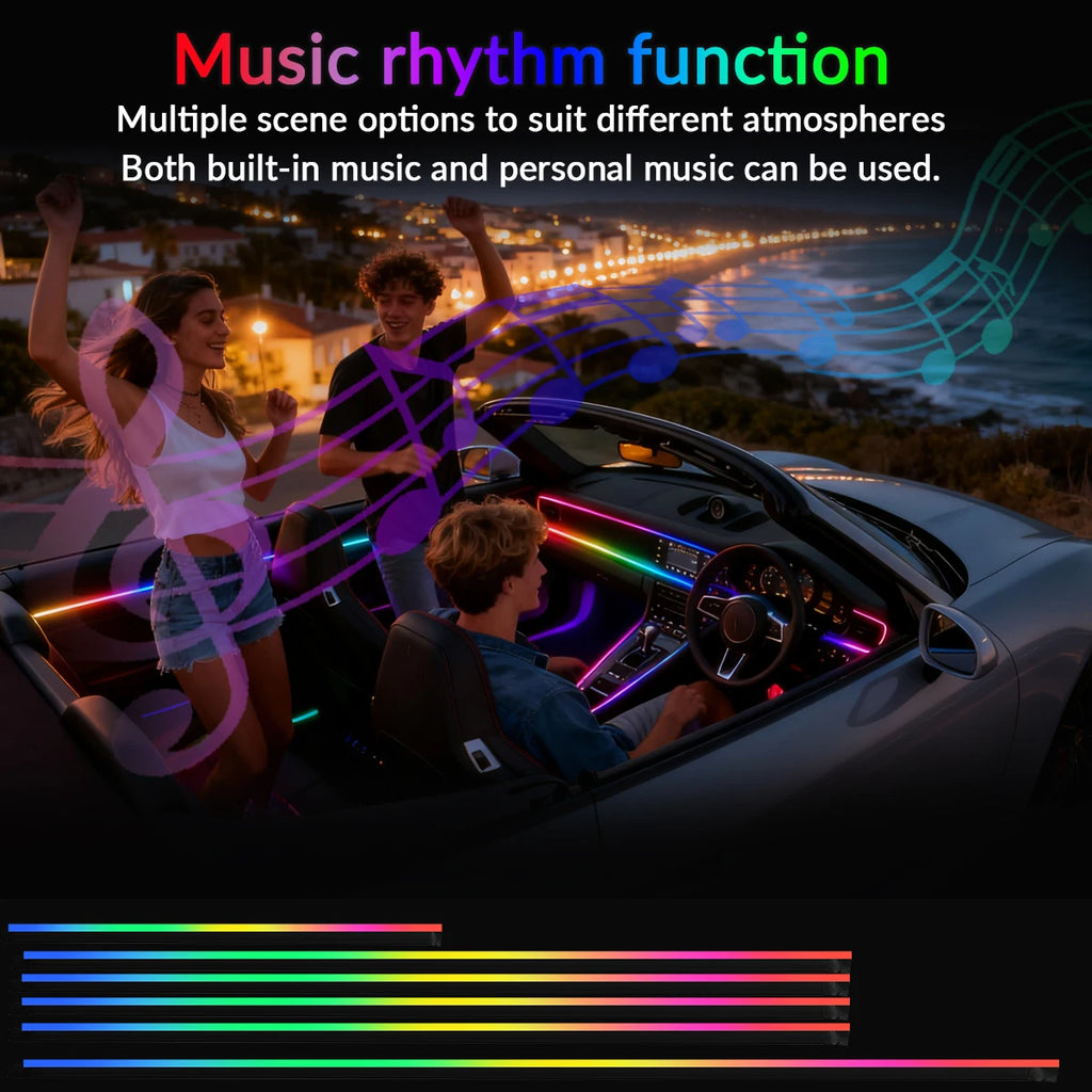 RGB car ambient light strip by Showlu Smart General, 18-inch flexible LED strip with app control for customizable interior lighting.