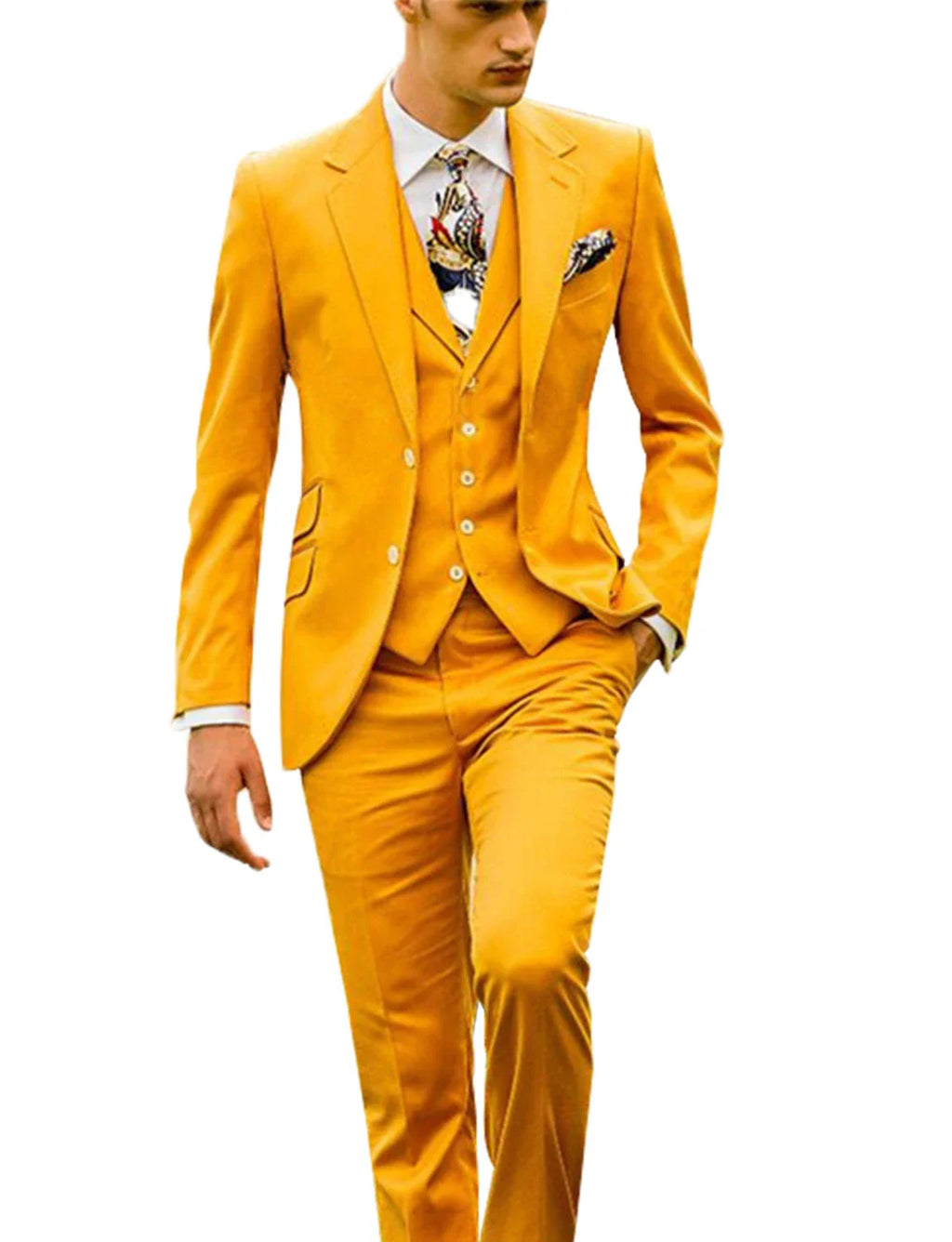 Men's 3-piece skinny fit suit with notch lapel in wool blend fabric, featuring tailored jacket, vest, and trousers by SHOWLU FASHION STORE