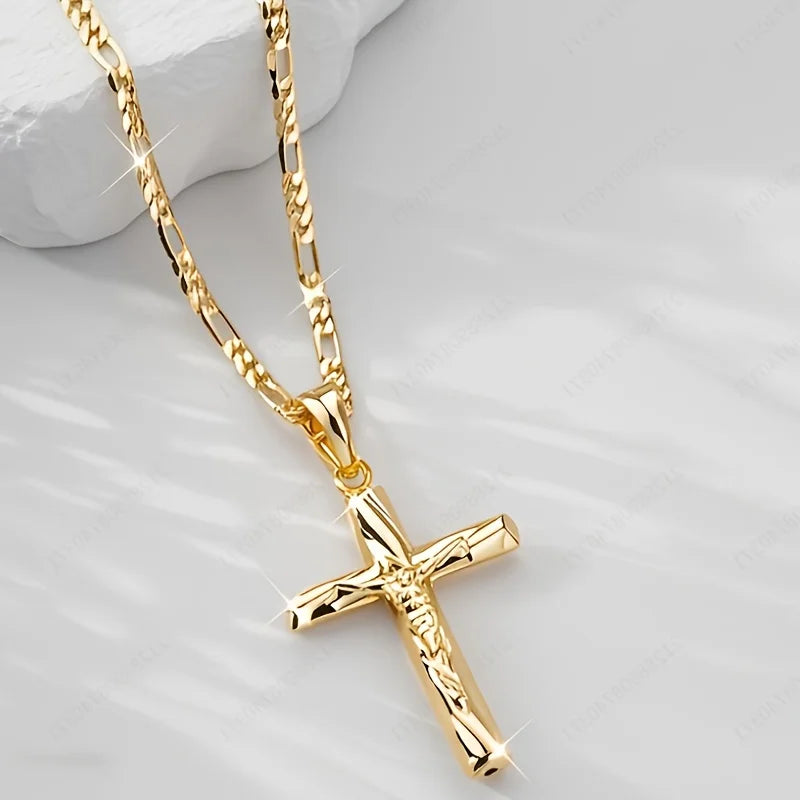 14K gold plated cross pendant necklace from Showlu, featuring a hip-hop sacred jewelry design, displayed on a chain.