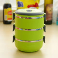 Stainless steel 3-layer stackable lunch box with handle, airtight and leakproof food storage container for portable meals.