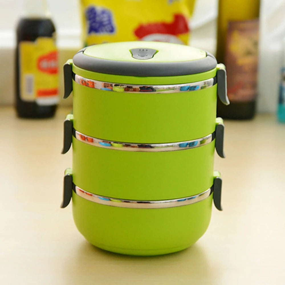 Stainless steel 3-layer stackable lunch box with handle, airtight and leakproof food storage container for portable meals.