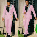 Slim fit black men's suit with single-breasted blazer and matching pants, featuring peak lapel, ideal for prom or formal events.