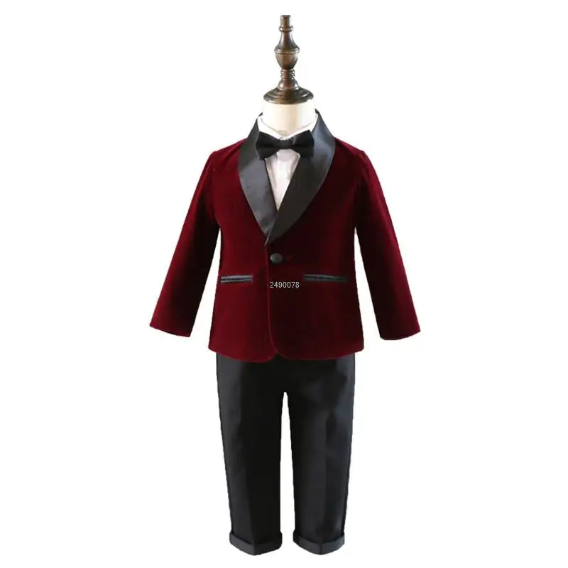 PsyMonster boys velvet blazer and pants suit, formal wedding tuxedo featuring a stylish, deep-colored velvet jacket and matching trousers.