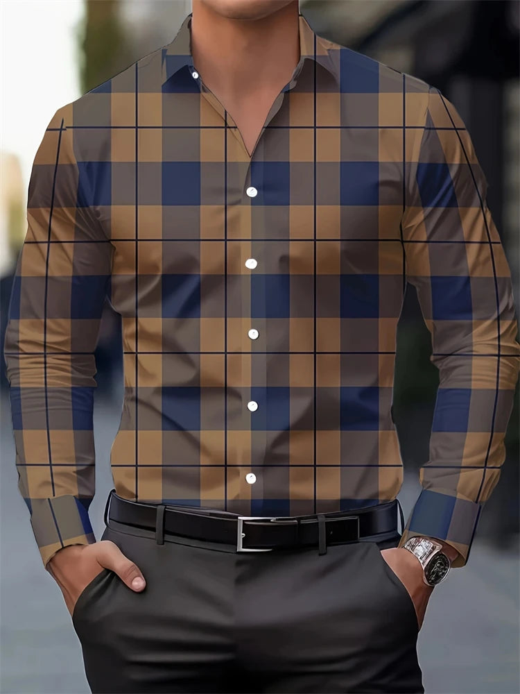 Multicolour striped men's long-sleeved shirt with buttons, lapel collar, casual fit, made of polyester for autumn wear
