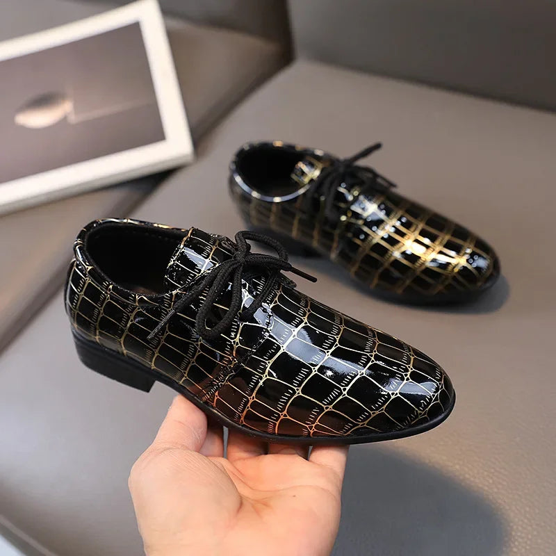Black boys' leather shoes by Showlu Fashion Store, casual toddler flats with non-slip soles for school and special occasions.