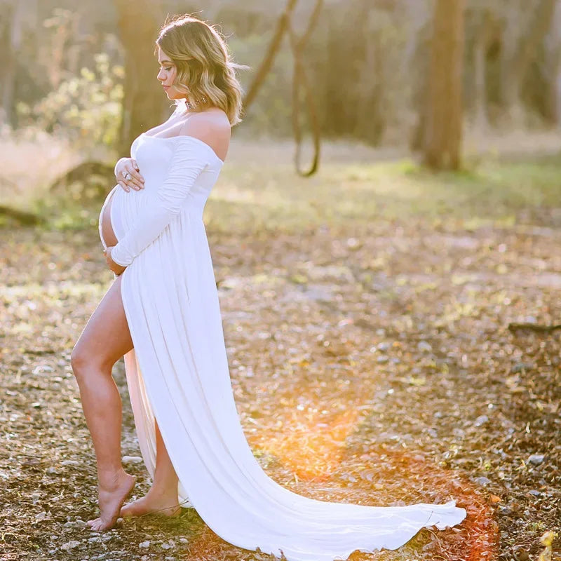 Long strapless maternity summer dress by Showlu Fashion, perfect for pregnancy photo shoots, featuring a flowing maxi style.