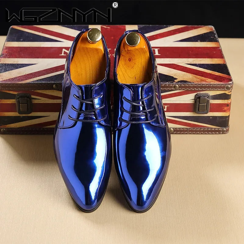 Showlu Fashion Men's patent leather Oxford shoes with pointed toe, ideal for wedding dress or formal occasions.