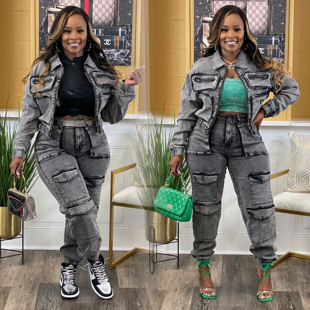 Long sleeve denim pant set for women with zip-up jacket, cargo pants, and ankle-length slim fit pants, stylish high street look