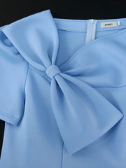Women Prom Party Dress Bowtie Short Sleeve Pleated Fit and Flare Princess Elegant Formal Birthday Event Gowns Plus Size New