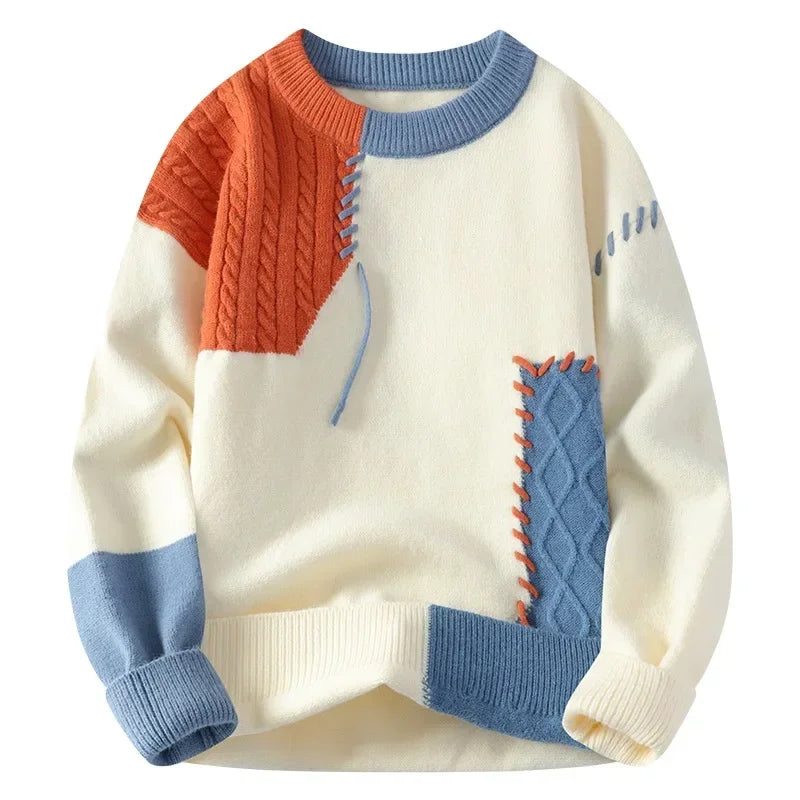 Men's knitted patchwork sweater with long sleeves and O-neck, made of wool, featuring a casual, slightly stretchy design.
