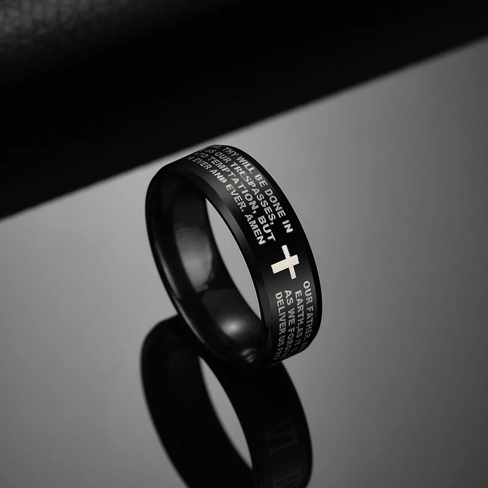 Utag Men's 8mm black stainless steel Bible prayer Jesus cross ring with engraved religious design