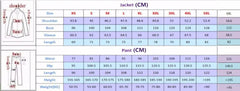 A size chart for a two-piece men's suit showing jacket and pant measurements in centimeters.