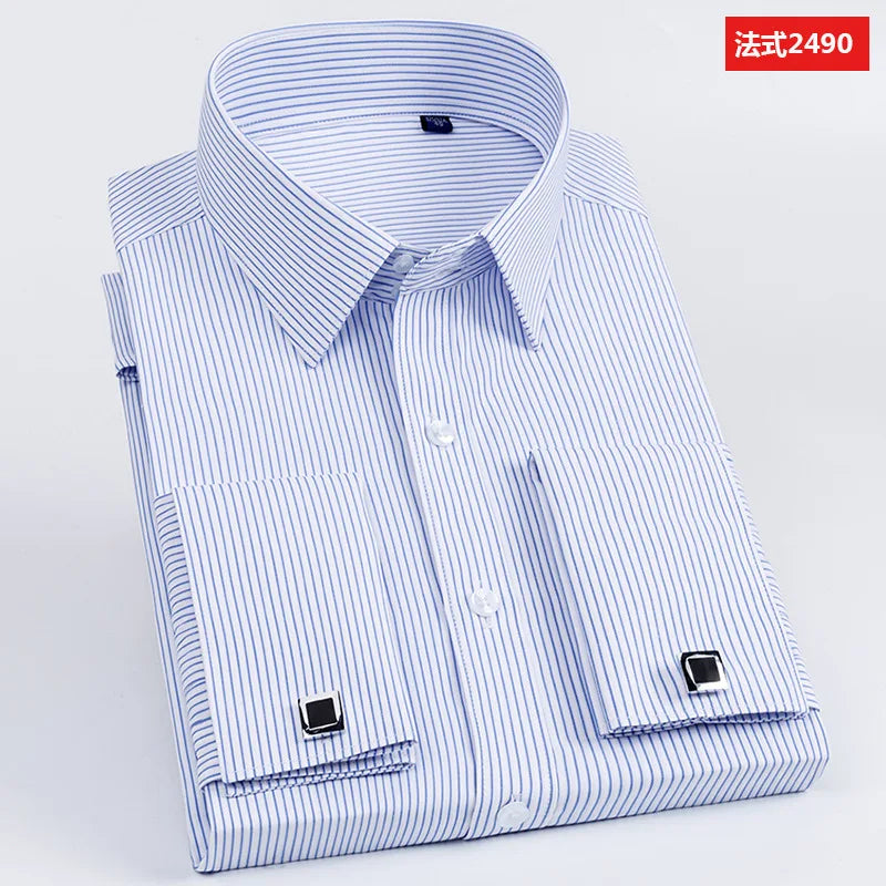 Men's French cufflink shirt long sleeved spring style multi-color collar high collar slim fit collar formal striped shirt