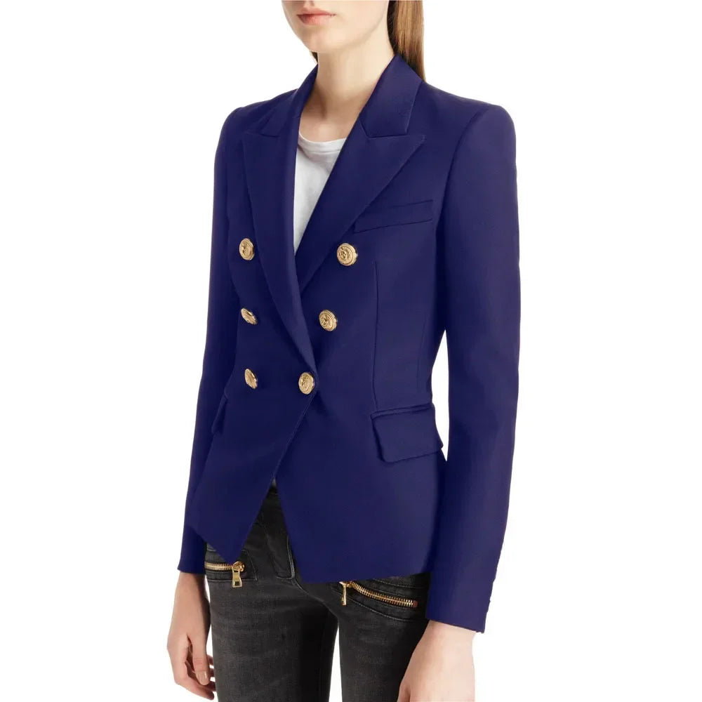 Women Blazer Coats Double Breasted Button Jackets Plaid Cardigan Long Sleeve Pockets Office Lady Work Turn Down Collar Jacket