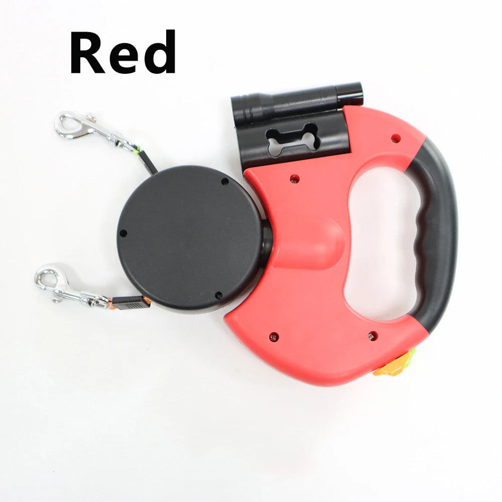 Showlu Double Dog Leash with 3m retractable dual ropes and LED flashlight, designed for walking two dogs comfortably.