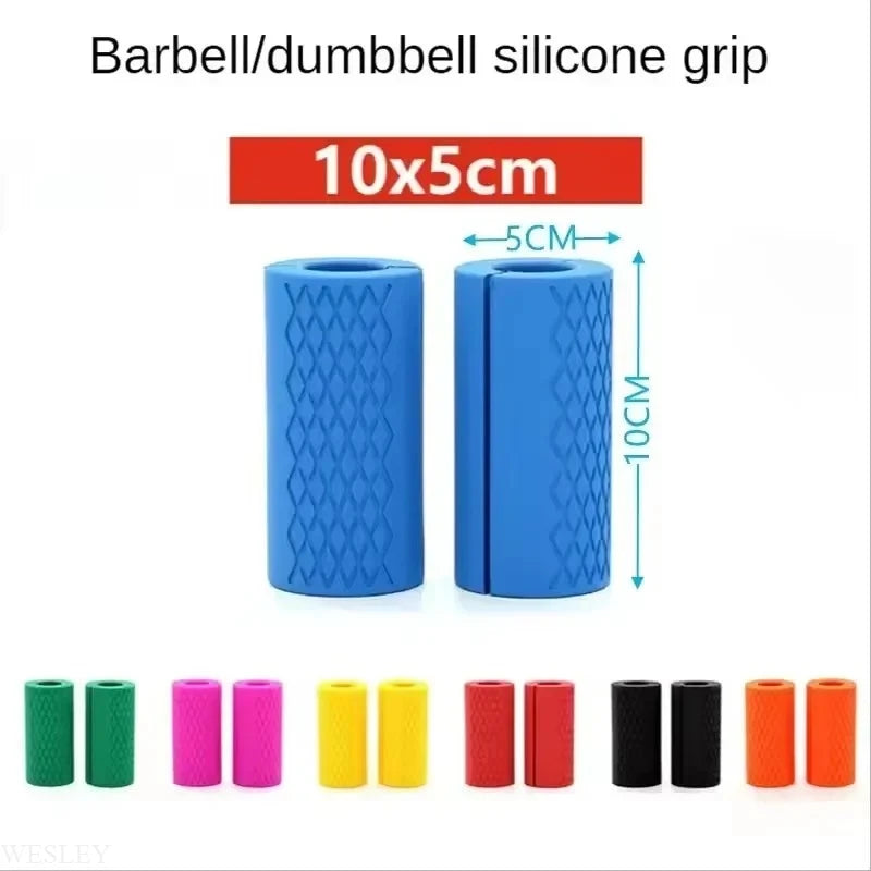 Showlu Fashion Store silicone thick bar grips for weightlifting, non-slip protective pads on a fitness barbell handle.