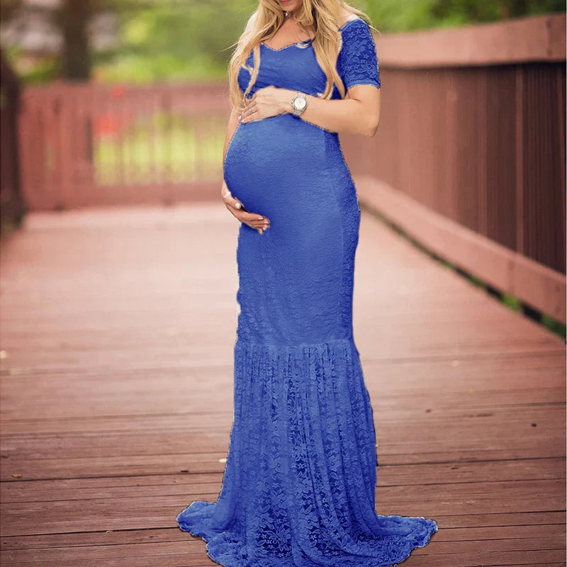 SHOWLU FASHION STORE mermaid lace maternity photography gown with long sleeves, elegant maxi dress ideal for maternity photo shoots
