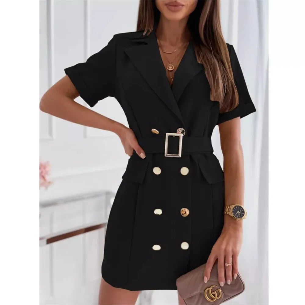 Elegant Office Lady Rose Red Mini Blazer Dress With Belt 2024 New Summer Fashion Double Breasted Short Sleeved Dress For Women SHOWLU FASHION STORE