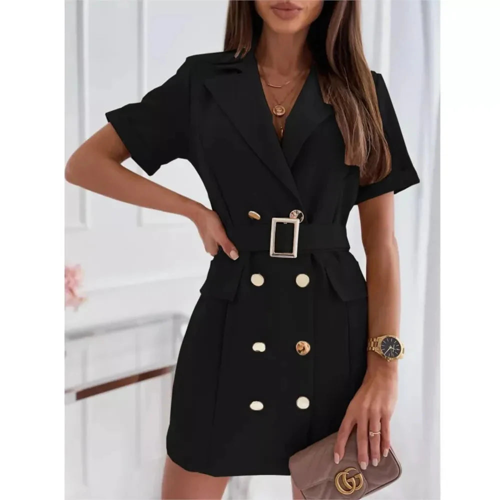 Showlu Rose Red double-breasted mini blazer dress with belt for women, featuring a stylish fitted design and tailored collar.