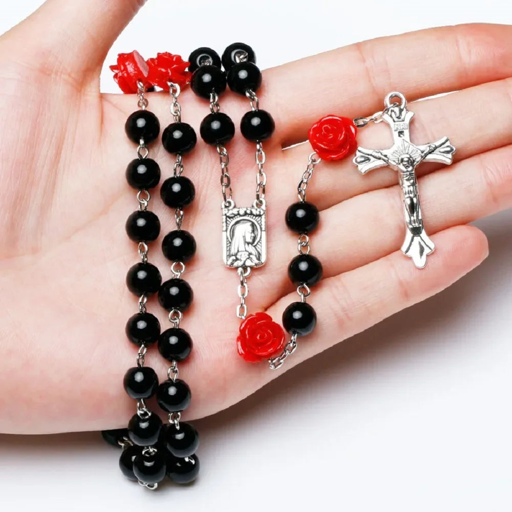 Pink rosary necklace for women with rose glass beads, crucifix cross pendant, and INRI charm, long religious prayer jewelry.