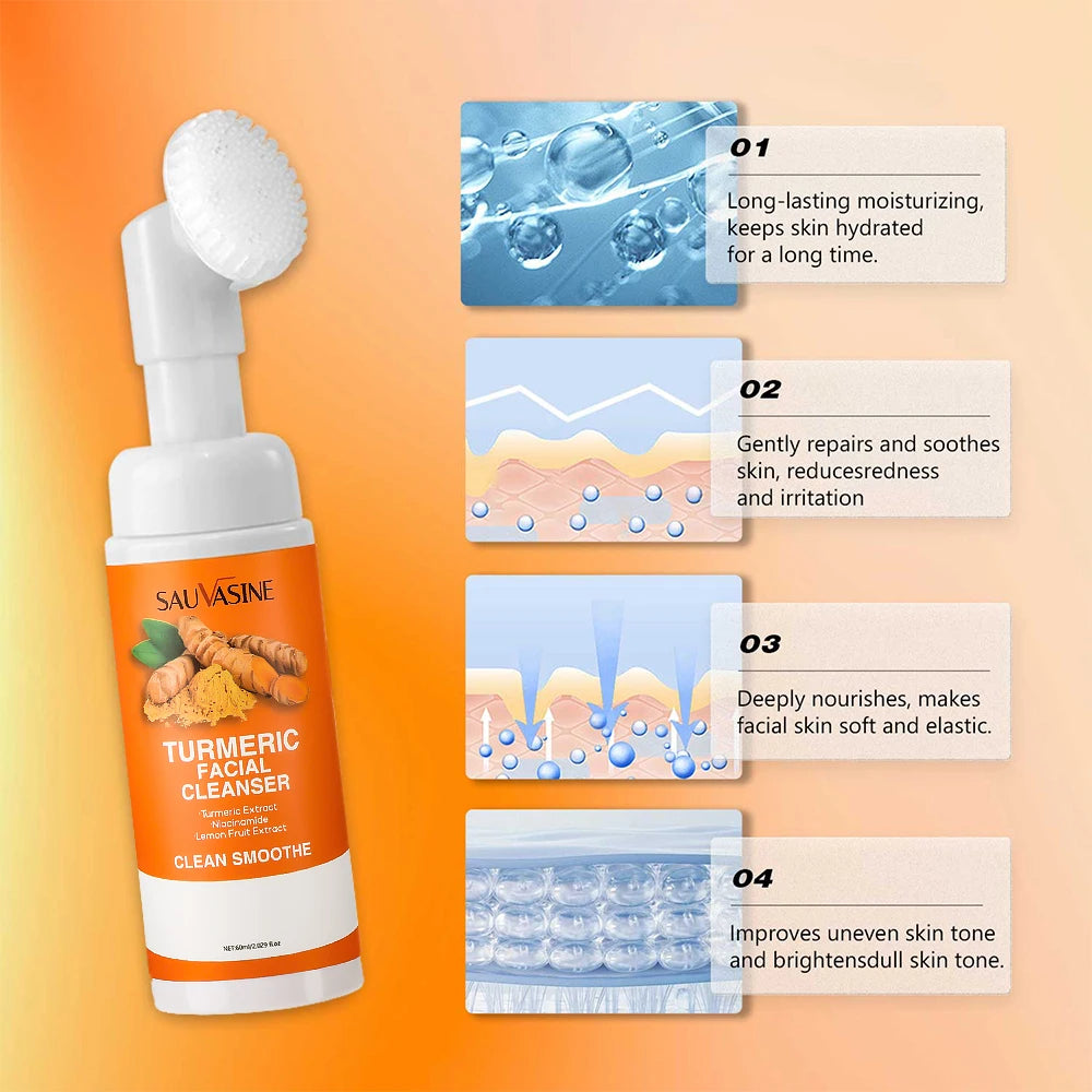 Turmeric Cleanser facial foam with lemon fruit extract and brush for brightening, moisturizing, and daily skin tone improvement.