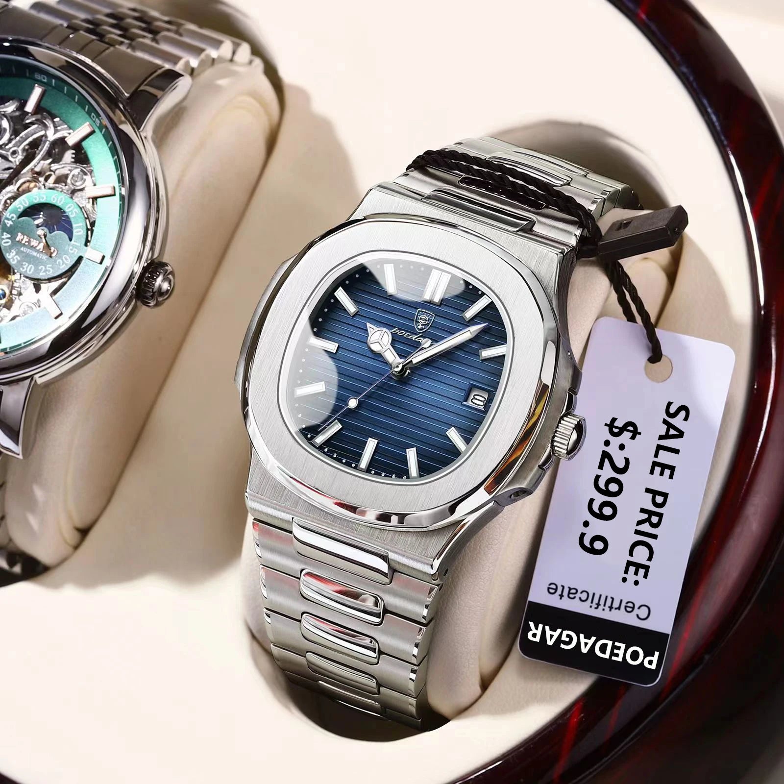 Square luxury men's wristwatch with stainless steel band, luminous dial, waterproof design, and quartz movement for business or sports use.